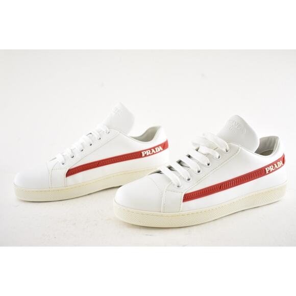 Prada Band White Red Stripe Logo Lace Up Tie Flat Low Top Trainer Sneaker 36.5 - Picture 16 of 16